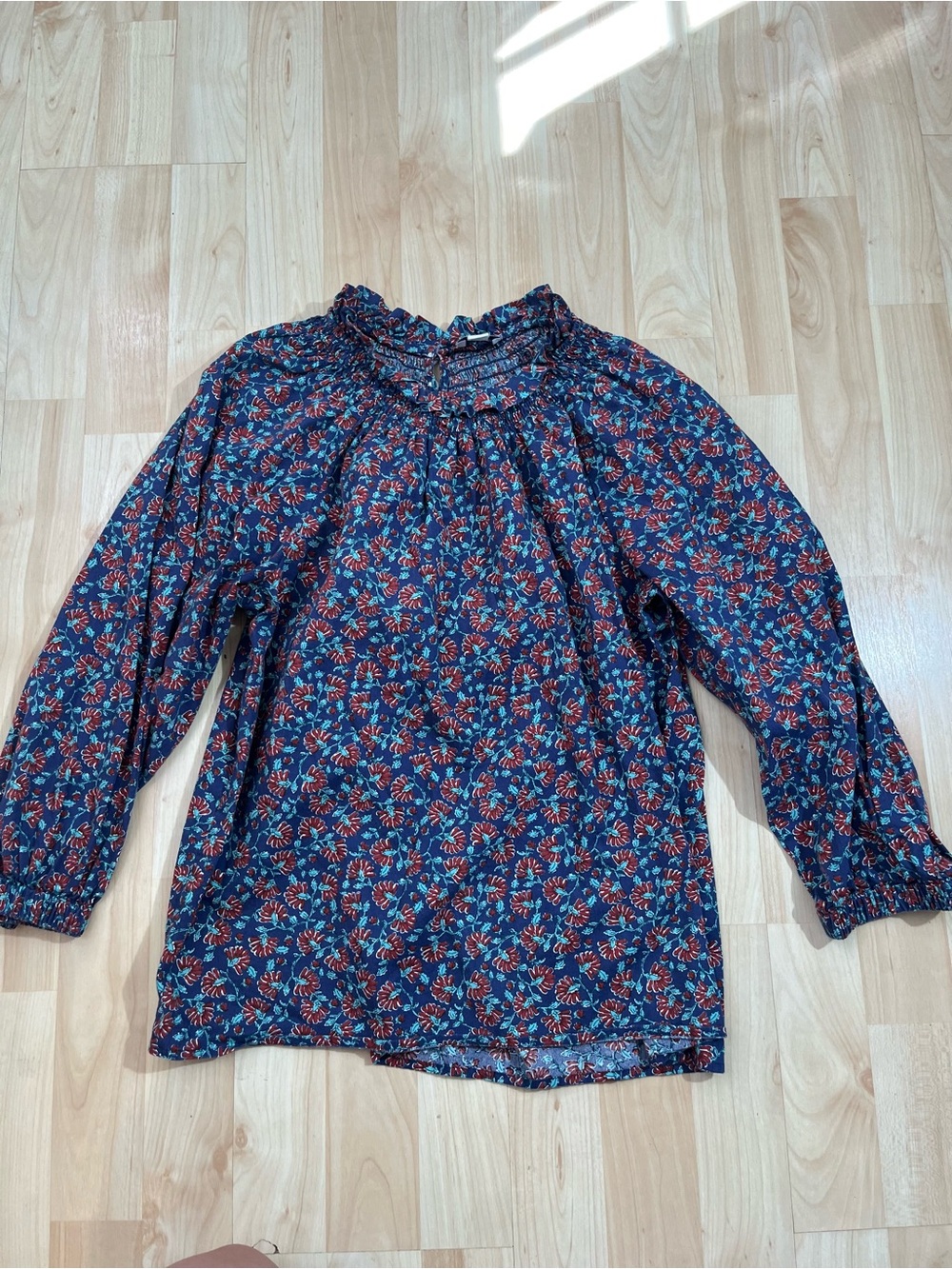 J.Crew Factory floral smocked-neck top  blue and burgundy poppy print XS